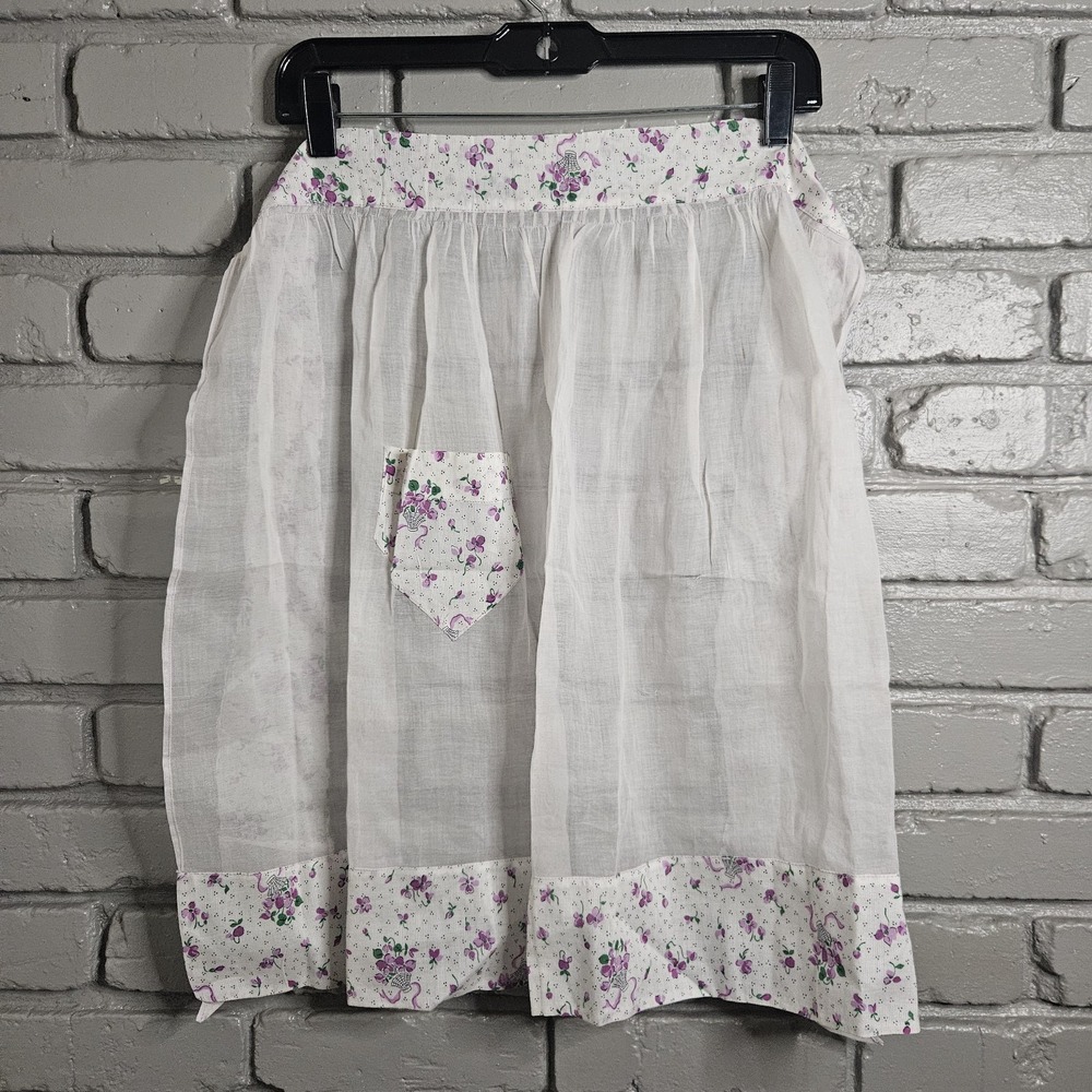 Vintage Half Apron Purple Floral White Party Hostess‎ 50s 60s